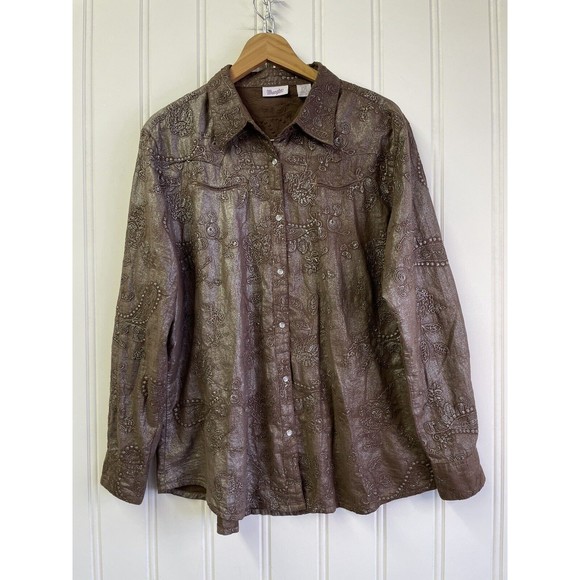 Vintage Wrangler Women Pearl Snap Button Up Shirt Brown Stitched Floral Size XXL - Picture 6 of 15
